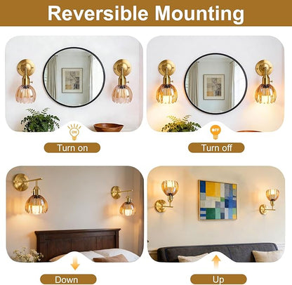 Vintage Wall Sconces with Cute Amber Tulip Glass Lampshade, Brass Sconces Hradwired Modern Wall Mounted Light Fixtures with Switch for Bedside Bedroom Living Room Wall Decor
