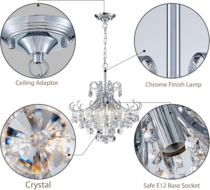18" Modern Crystal Chandelier, 4-Light Pendant Ceiling Lamp for Dining Living Room Bedroom Kitchen, Chrome Hanging Light Fixture