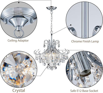18" Modern Crystal Chandelier, 4-Light Pendant Ceiling Lamp for Dining Living Room Bedroom Kitchen, Chrome Hanging Light Fixture