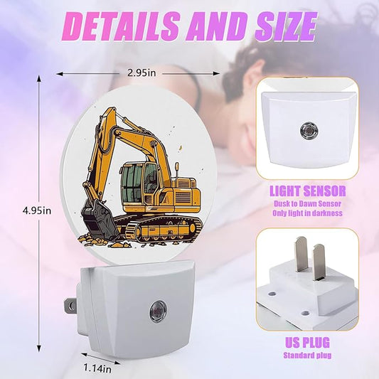 Cartoon Excavator Night Light Mechanical Construction Truck Night Lights LED Lamp Round Plug into Wall Nightlight with Dusk to Dawn Sensor Home Hallway Stairway Kitchen Decor