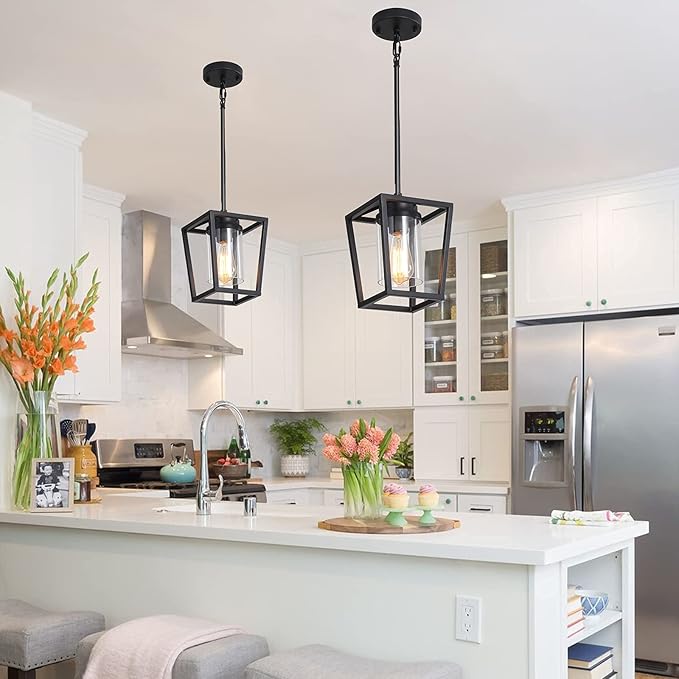 SGLfarmty 1-Light Black Pendant Lights Kitchen Island, Modern Farmhouse Cage Metal Adjustable Lantern Hanging Light Fixture with Glass Shade for Dining Room Entryway Hallway