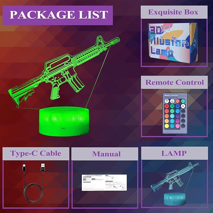 M4A1 Night Light, M4A1 Model Gifts, 3D Illusion Lamp with 16 Colors Changing, Remote Control and Dimmable, Game Living Room Decoration, Holiday Xmas Gifts