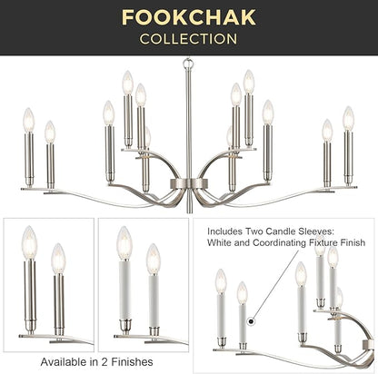 12 Light Nickel Living Room Chandelier High Ceiling Foyer Candle Chandelier Large Modern 44in Metal Chandeliers Hanging Light for Master Bedroom Dining Room Light Fixture Over Table