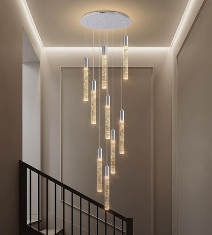High Ceiling Crystal Chandelier 9-Lights, Spiral Dimmable LED Raindrop Foyer Pendant Light, Bubble Staircase Living Room Hanging Lighting Fixture Chrome