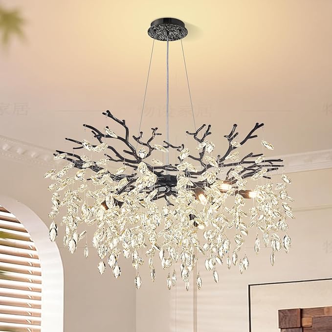 Modern Tree Branch Crystal Chandelier 30" Black Luxury Large Pendant Lighting 10-Light Contemporary K9 Crystal Chandeliers for Dining Room Kitchen Living Room Foyer Entryway (Black, D30"-Round)