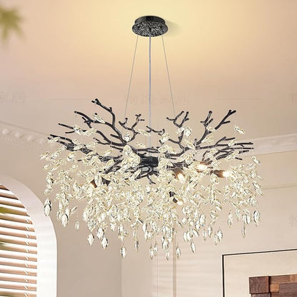 Modern Tree Branch Crystal Chandelier 30" Black Luxury Large Pendant Lighting 10-Light Contemporary K9 Crystal Chandeliers for Dining Room Kitchen Living Room Foyer Entryway (Black, D30"-Round)