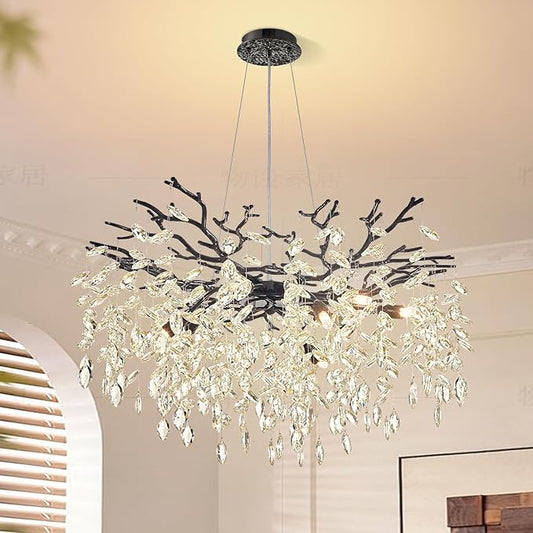 Modern Tree Branch Crystal Chandelier 30" Black Luxury Large Pendant Lighting 10-Light Contemporary K9 Crystal Chandeliers for Dining Room Kitchen Living Room Foyer Entryway (Black, D30"-Round)