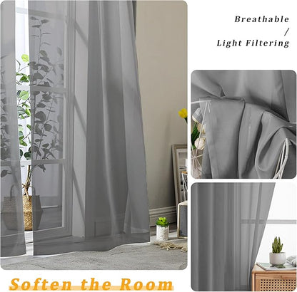 Gwine Charcoal Grey Sheer Curtains 30 Inch Length, Short Light Filtering Voile Small Cafe Kitchen Curtains with Rod Pocket, Short Curtain for Bathroom Window, 42x30 Inch, 2PCS