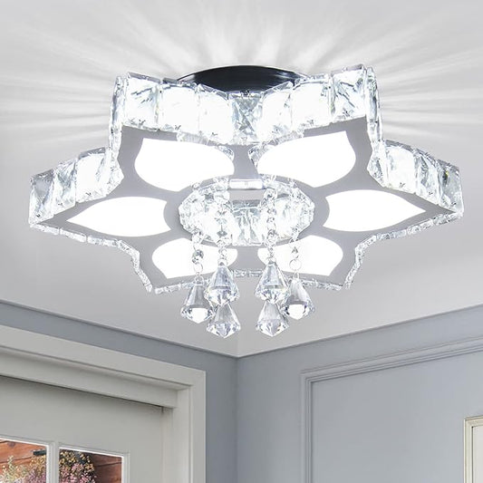 CLAIRDAI 16.1" Crystal Ceiling Light Fixture Modern Crystal Chandelier Flower LED Chandeliers Flush Mount Ceiling Light for Bedroom Dining Room Living Room (6500K Cool White)