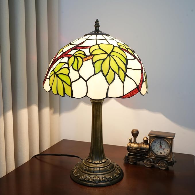 Tiffany Style Table lamp with Green Leaf Stained Glass lamp 12 Inch Retro Bronze Base Bedside Lamp Bedroom，Living Room, Bar, Restaurant Hotel French Countryside Style Decorative Ambient Light