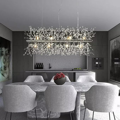 Modern Crystal Firework Chandelier, Linear Dining Room Lighting Fixtures Hanging, Chrome Dandelion Chandelier LED Pendant Lighting for Dining Room, Bedroom, Living Room (12-Light, 35.5")