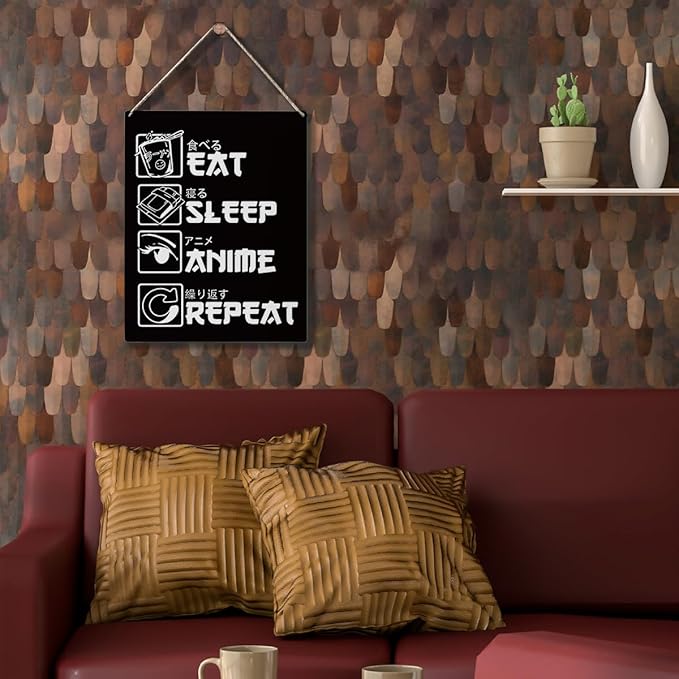 Anime Decor,Eat Sleep Anime Repeat Sign,Rustic Anime Lovers Wooden Hanging Plaque Anime Merch Gifts for Home Living Room Girl Bedroom Wall Art Decoration
