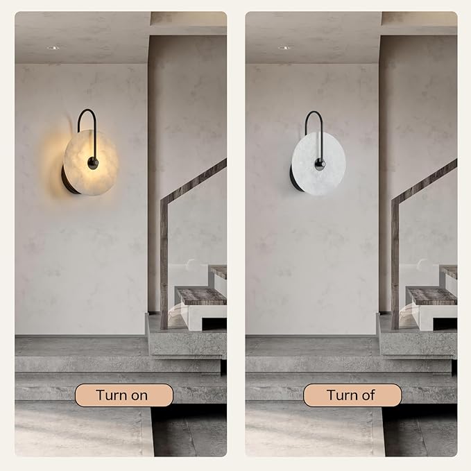 Round Alabaster Wall Sconce, Natural Marble Lampshade Wall Sconce, Hardwired Circular Sconce LED Modern Wall Lamp for Bedroom, Stairs, Living Room, Bedside, Hallway 9.84 Inch Black