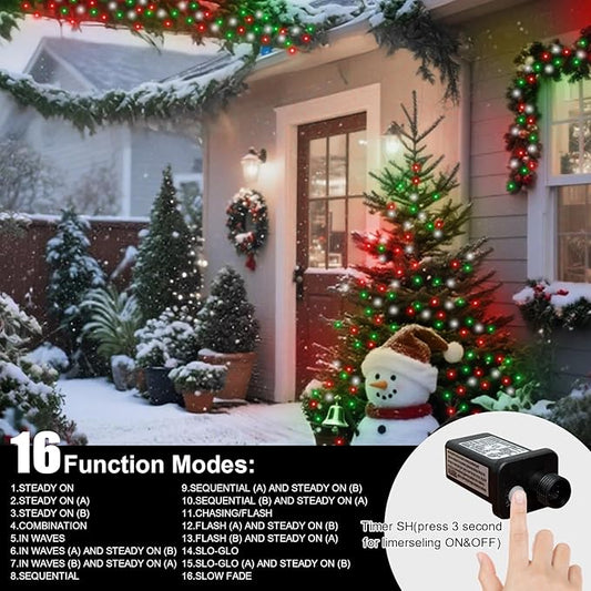 LAMPHOME 165ft Christmas Decorative Mini Lights, 500 LED Transparent Wire Fairy Starry String Light Plug in, 16Lighting Modes for Indoor Outdoor Xmas Tree Wedding Party Decoration (Red Green White)