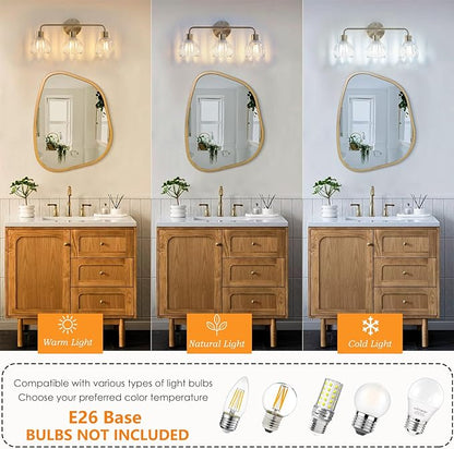 3-Light Gold Brass Bathroom Light Fixture with Clear Tulip Glass Shade,Wall Sconces,Vintage Vanlity Light Over Mirror,Bathroom Wall Light,E26 Socket(Bulbs Not Included)
