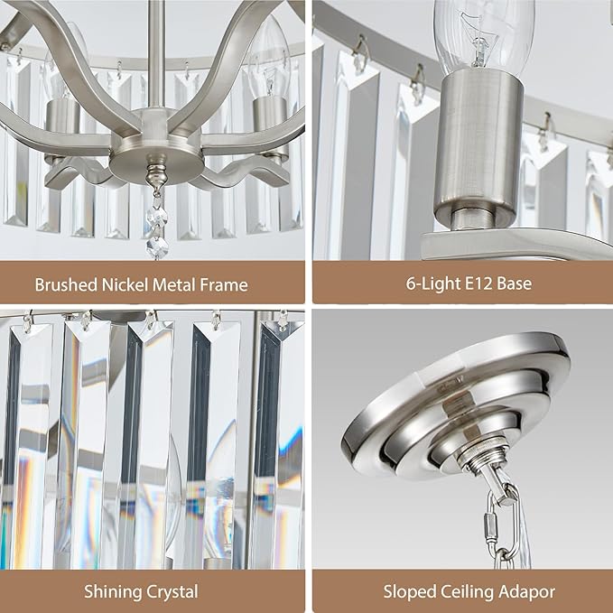 Modern Crystal Chandeliers Round 6-Light Large Brushed Nickel Pendant Lighting Fixture for Dining Room Living Room Kitchen Island Bedroom Hallway 21.7" Adjustable Height Hanging Lamp