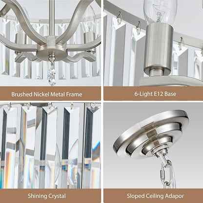 Modern Crystal Chandeliers Round 6-Light Large Brushed Nickel Pendant Lighting Fixture for Dining Room Living Room Kitchen Island Bedroom Hallway 21.7" Adjustable Height Hanging Lamp