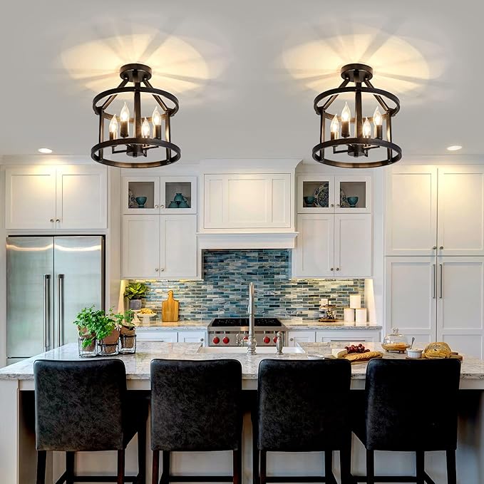 UOFUS 2-Pack Semi Flush Mount Ceiling Light Fixture Farmhouse Matte Chandelier Ceiling Lamp for Entryway Foyer Dining Room Bedroom Kitchen Hallway （Black Metal ）