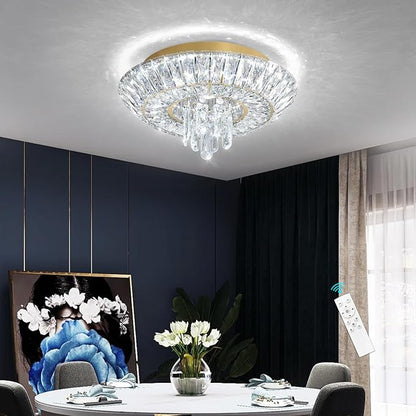 Crystal Chandelier Modern Round Ceiling Light Fixture LED Raindrop Chandeliers Dimmable with Remote for Dining Room Living Room Entryway Hallway Bedroom Gold