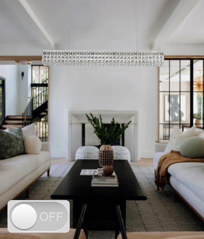 ykolupty Modern Crystal Chandelier Silver Rectangular Crystal Chandelier Contemporary Linear Pendant Ceiling Light Fixture for Living Dining Room Kitchen Island (L 40")
