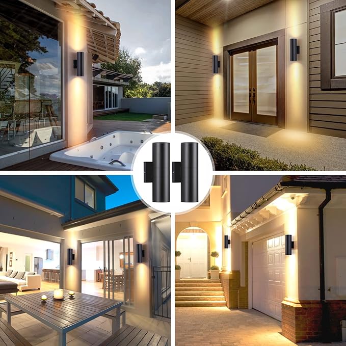 DAKAFUL Outdoor Wall Lights 2 Packs, Integrated LED Cylinder Up Down 12W 2700K Modern Aluminum Light, Waterproof Exterior Light for Porch Patio Door, Matte Black