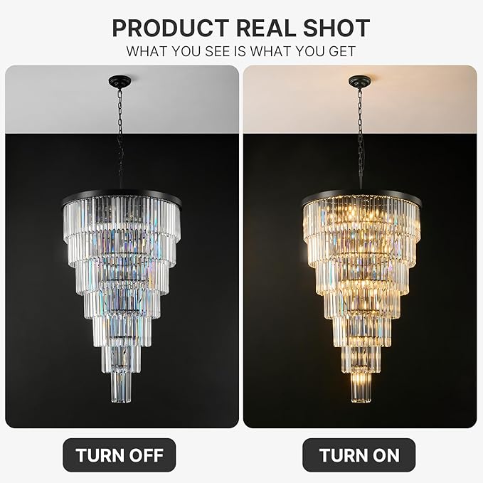 Crystal High Ceiling Chandelier Modern: 30-Inch 7-Tiered Black Staircase Chandeliers - Large Long Hanging Pendant Light Fixture For Entryway Foyer Living Room Luxury Round Flush Mount Ceilings Lights
