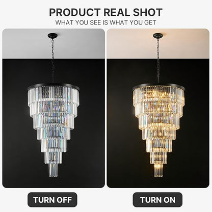 Crystal High Ceiling Chandelier Modern: 30-Inch 7-Tiered Black Staircase Chandeliers - Large Long Hanging Pendant Light Fixture For Entryway Foyer Living Room Luxury Round Flush Mount Ceilings Lights