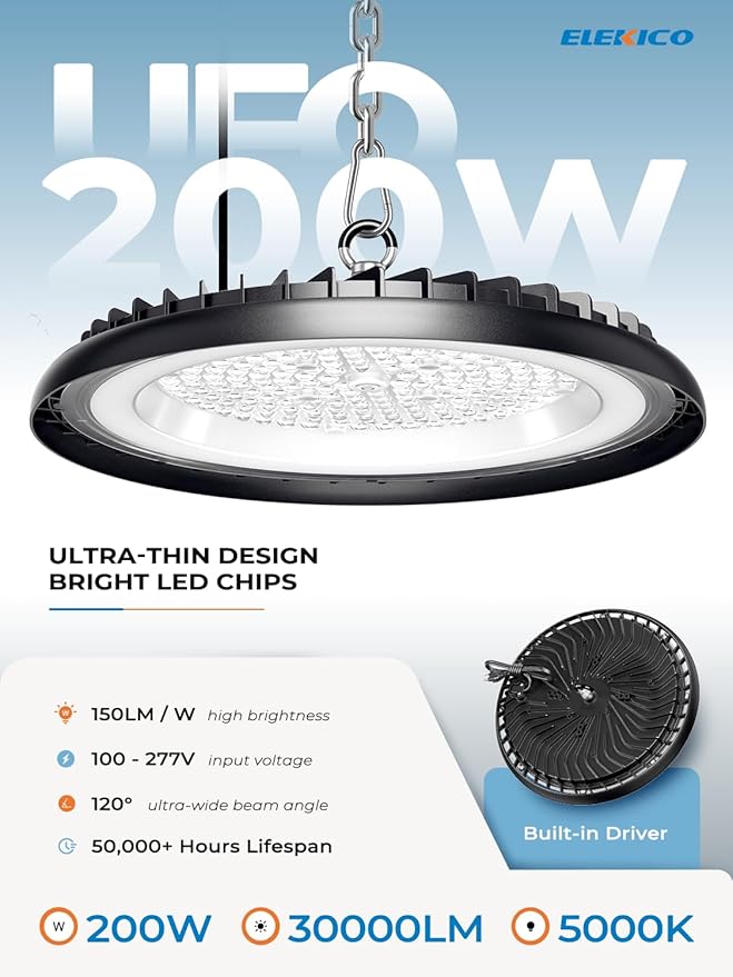 New Ultra-Thin Super Bright 200w Ufo Led High Bay Light | 30000LM 5000K High Bay Led Shop Lights With 5ft Cable Hook Safe Rope| Shop&Garage Lighting lights For Factory Workshop Warehouse Garage Barn