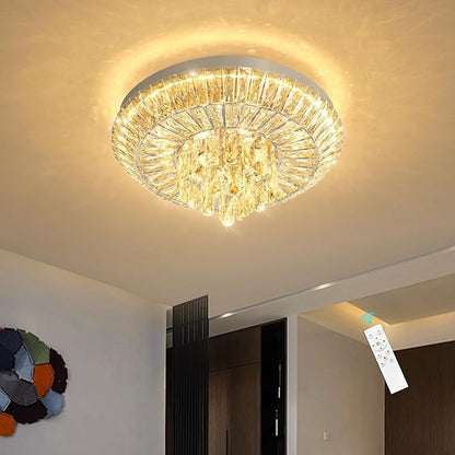 Crystal Chandelier 40W Modern Round Ceiling Light Fixture LED Raindrop Chandeliers Dimmable with Remote for Dining Room Living Room Entryway Hallway Bedroom Silver