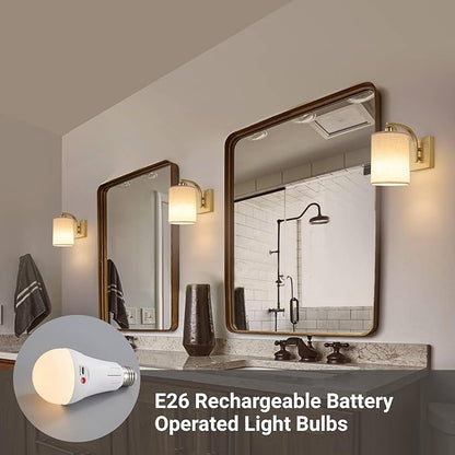 Powfloven Gold Rechargeable Wall Sconces Set of 2 with Remote, Wireless Battery Operated Dimmable LED Wall Lights, Cordless Wall Lighting Lamp Fixture for Bedroom Living Room