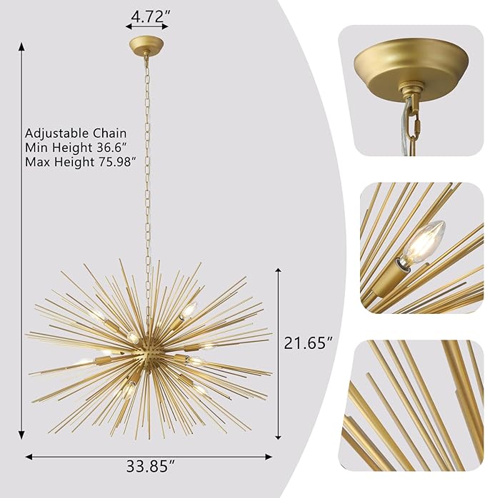 Modern 33.8in Gold Sputnik Chandeliers 12-Light Mid-Century Starburst Chandelier Light Fixture Solid Metal Satellite Large Chandelier for High Ceiling Dining Room Living Room Foyer E12