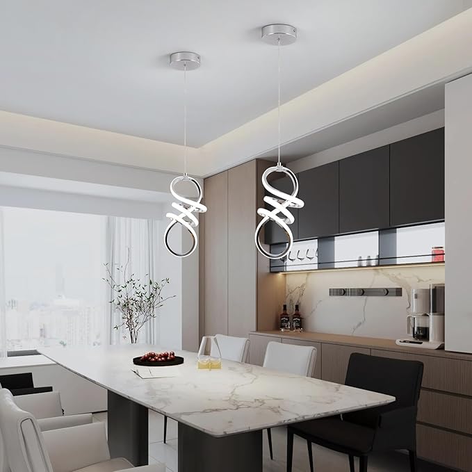 EIDISUNY Modern Led Pendant Light Fixture, 15W Chrome Spiral Pendant Light Kitchen Island, 4500K Daylight White Pendant Lamp, Adjustable Height Chandelier for Kitchen Dining Room Bedroom (3 Packs)