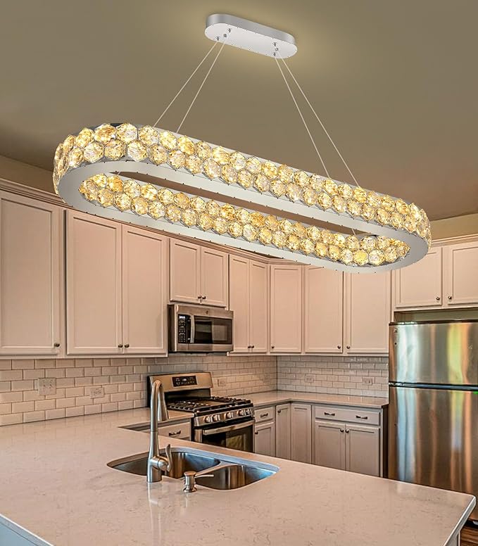 40'' Modern Oval Chandelier Crystal Chandeliers for Dining Room Round Ceiling Light Fixture for Living Room Lighting LED Dimmable with Remote Ring Lights Silver
