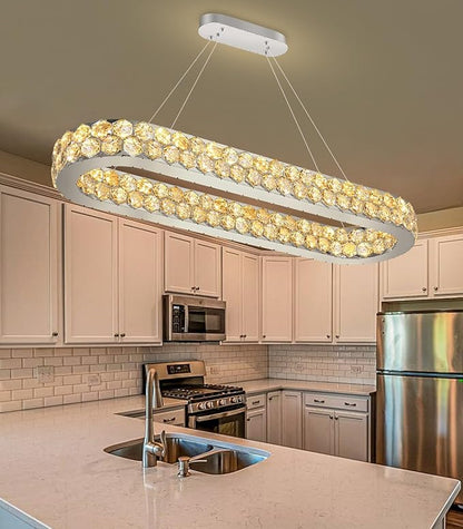 40'' Modern Oval Chandelier Crystal Chandeliers for Dining Room Round Ceiling Light Fixture for Living Room Lighting LED Dimmable with Remote Ring Lights Silver