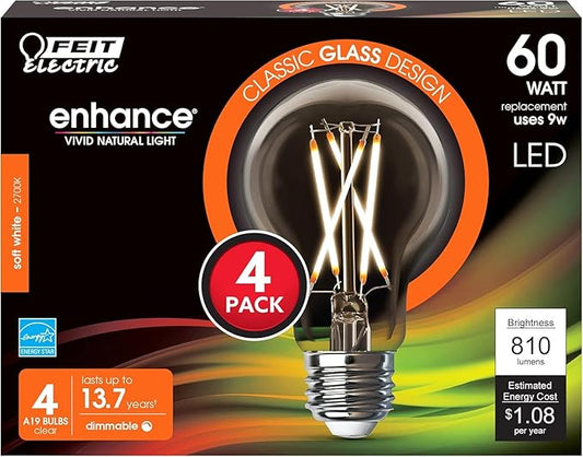 Feit Electric LED Clear A19 Medium Base Light Bulb - 60W Equivalent - 15 Year Life - 810 Lumen - 2700K Soft White - Dimmable (Pack of 48)
