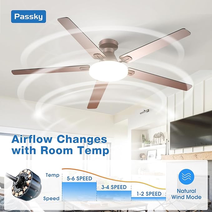 Passky Ceiling Fans with Lights, 60 inch Flush Mount Ceiling fan with Remote Control, Low Profile Ceiling Fan for Bedroom, Farmhouse, Reversible, 3CCT, Dimmable, Noiseless DC Motor, Brown