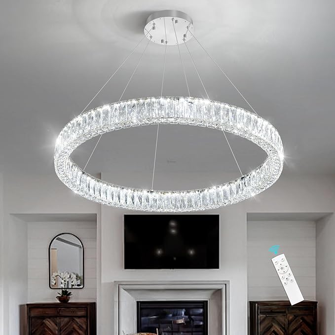 HAIXIANG Modern Crystal Chandelier Dimmable LED Ring Pendant Chandeliers Light Adjustable Glam Hanging Lighting Fixtures for Dining Room Living Room Bedroom Silver Light