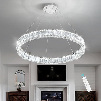 HAIXIANG Modern Crystal Chandelier Dimmable LED Ring Pendant Chandeliers Light Adjustable Glam Hanging Lighting Fixtures for Dining Room Living Room Bedroom Silver Light