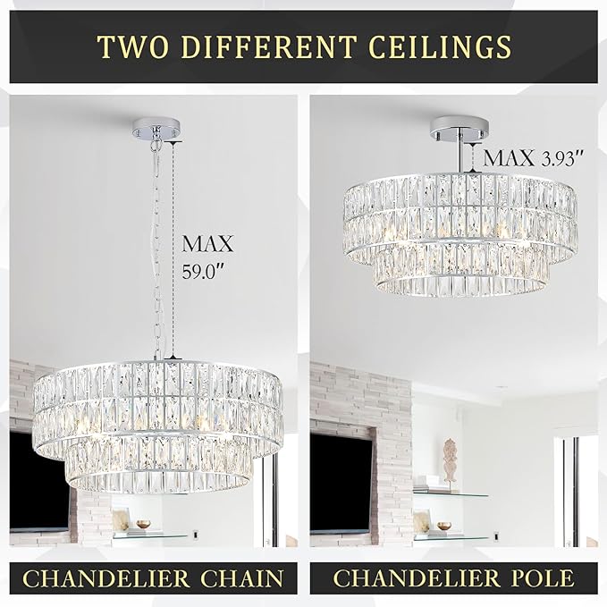 24'' Luxury Chrome Crystal Chandelier 8-Lights Modern Semi Flush Mount Ceiling Light Fixtures Round Crystal Pendant Chandeliers for Living Room Dining Room Kitchen Foyer Bedroom