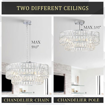 24'' Luxury Chrome Crystal Chandelier 8-Lights Modern Semi Flush Mount Ceiling Light Fixtures Round Crystal Pendant Chandeliers for Living Room Dining Room Kitchen Foyer Bedroom
