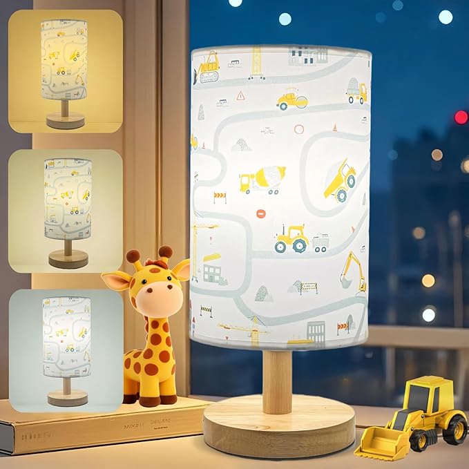 Kids Desk Lamp for Bedroom Boy,Reading Car Lamp,3-Way Dimmable with Cartoon Pattern Printed Shade and Wood Base,for Kids Room,Nursery or Living Room Decor,Car Gift for Christmas Boys