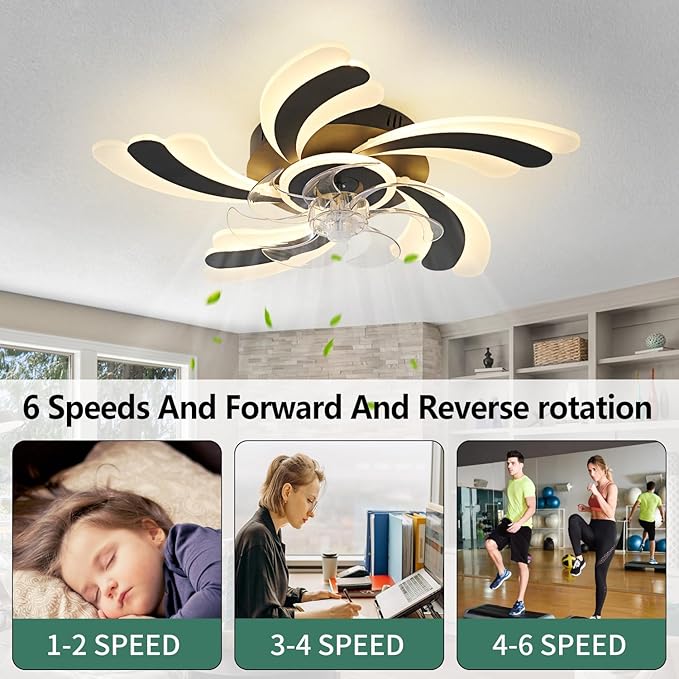 Low Profile Ceiling Fan with Remote &APP Control, Quiet Motor & Dimmable LED Light, Black Flush Mount Ceiling Fan for Bedroom (6-Speed Timer)