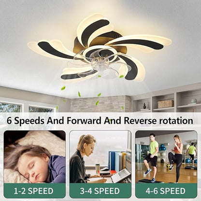 Low Profile Ceiling Fan with Remote &APP Control, Quiet Motor & Dimmable LED Light, Black Flush Mount Ceiling Fan for Bedroom (6-Speed Timer)