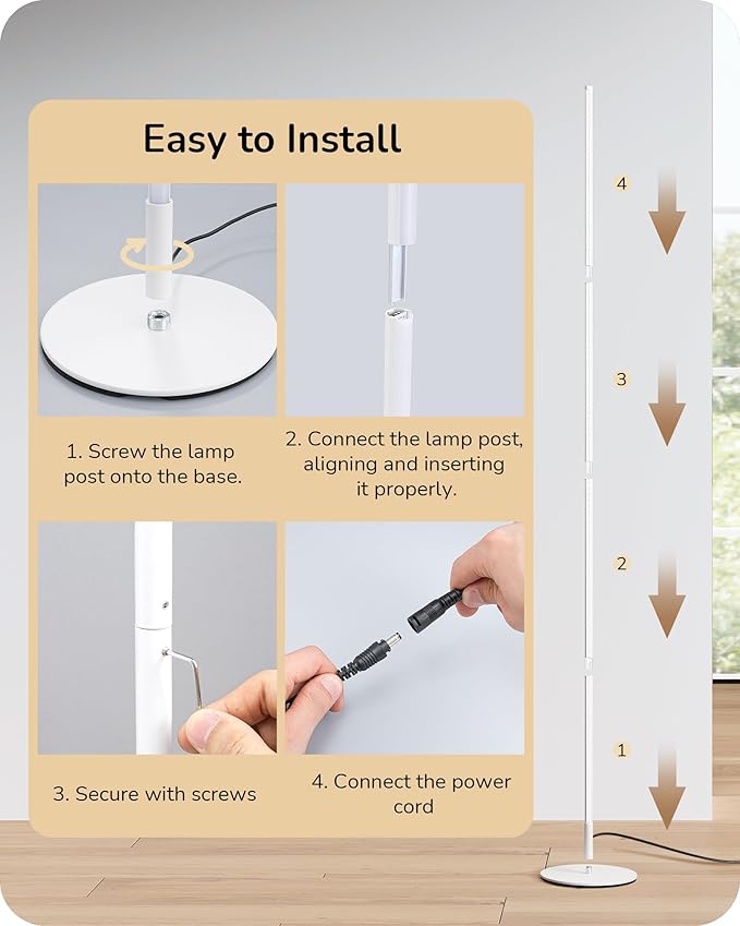 EDISHINE 59.8" Corner Floor Lamp, White Floor Lamp with Remote, 3 Height Settings, 3 Color Temperature & Stepless Dimming, Foot Switch, Slim Floor Lamps for Living Room, White