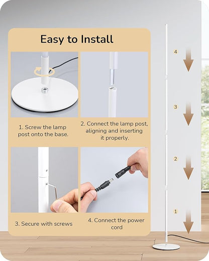 EDISHINE 59.8" Corner Floor Lamp, White Floor Lamp with Remote, 3 Height Settings, 3 Color Temperature & Stepless Dimming, Foot Switch, Slim Floor Lamps for Living Room, White