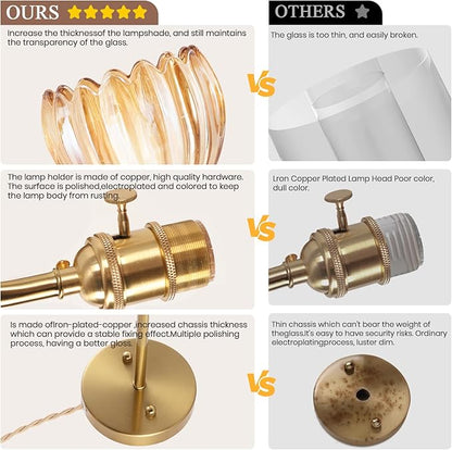 Plug-in Wall Sconce (Set of 2), Vintage Wall Decorative Lamp with Amber Glass Shade, Indoor Plug-in Wall Sconce for Bedroom, Living Room, Hallway