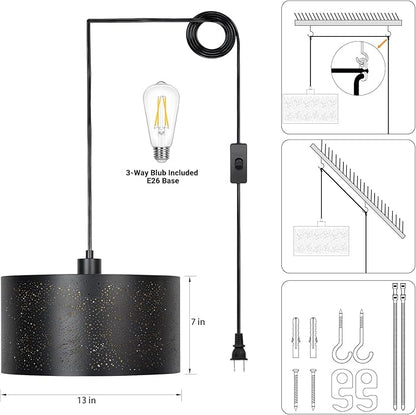 Qingmiao Plug in Pendant Light, Hanging Lamp Plug in with LED Bulb, 3-Way Dimmable Hanging Light Fixture for Living Room Bedroom Kitchen Ceiling Farmhouse Home Decor