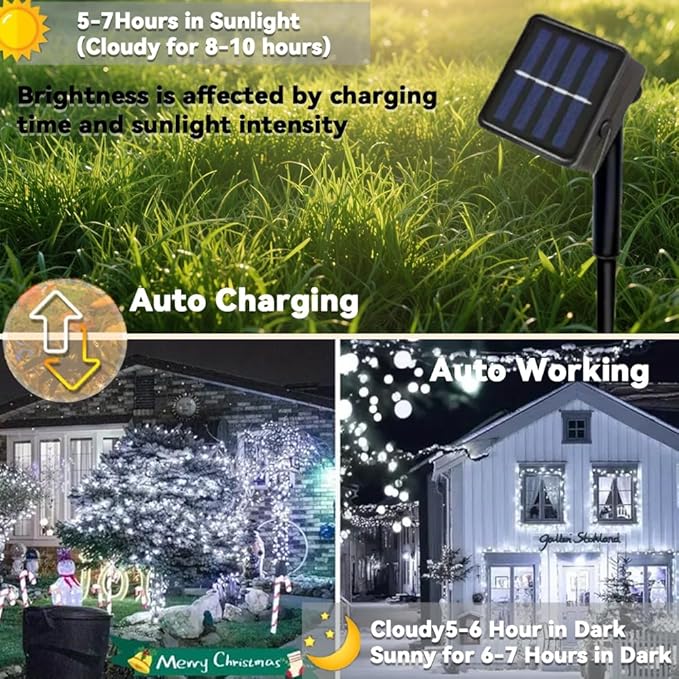 2 Pack Solar String Lights Outdoor, Total 100 LED Each 20Ft with 8 Lighting Modes for Yard, Fence,Balcony, Party,Christmas Tree Decorations (Cold White Light)