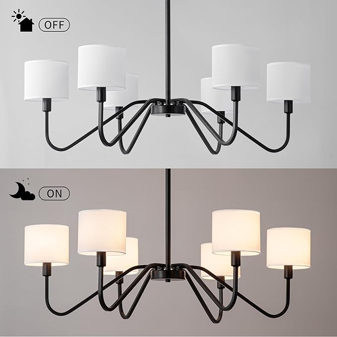 Modern Black 6-Light Chandelier, 39" Pendant Light with White Fabric Shade Adjustable Classic Chandelier Light Fixtures for Kitchen Island Dining & Living Room Entryway