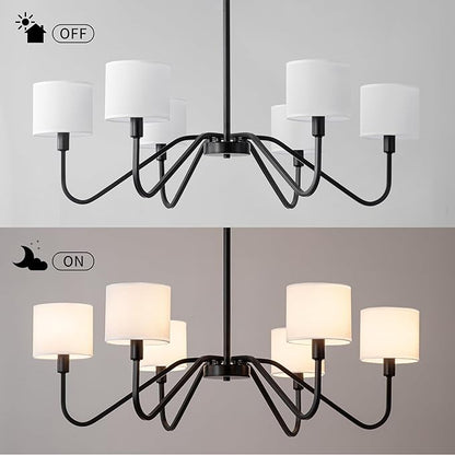 Modern Black 6-Light Chandelier, 39" Pendant Light with White Fabric Shade Adjustable Classic Chandelier Light Fixtures for Kitchen Island Dining & Living Room Entryway